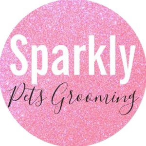 A pink sparkly circle with the works Sparkly Pets Grooming in the center in white and black